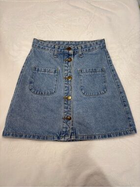 High-Rise Light Blue Denim A-Line Skirt with Front Buttons